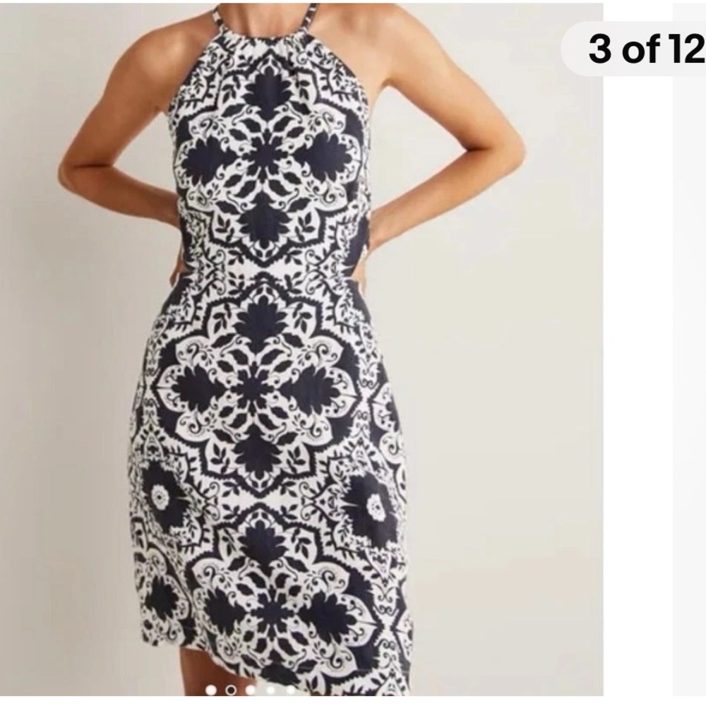 NWT Boden Dress Linen Navy and White with Bold Damask Print Cutout